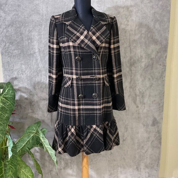 Gianni Bini wool blend Double Breasted Plaid Pea coat Size 4 Black tan stripes - Picture 1 of 12